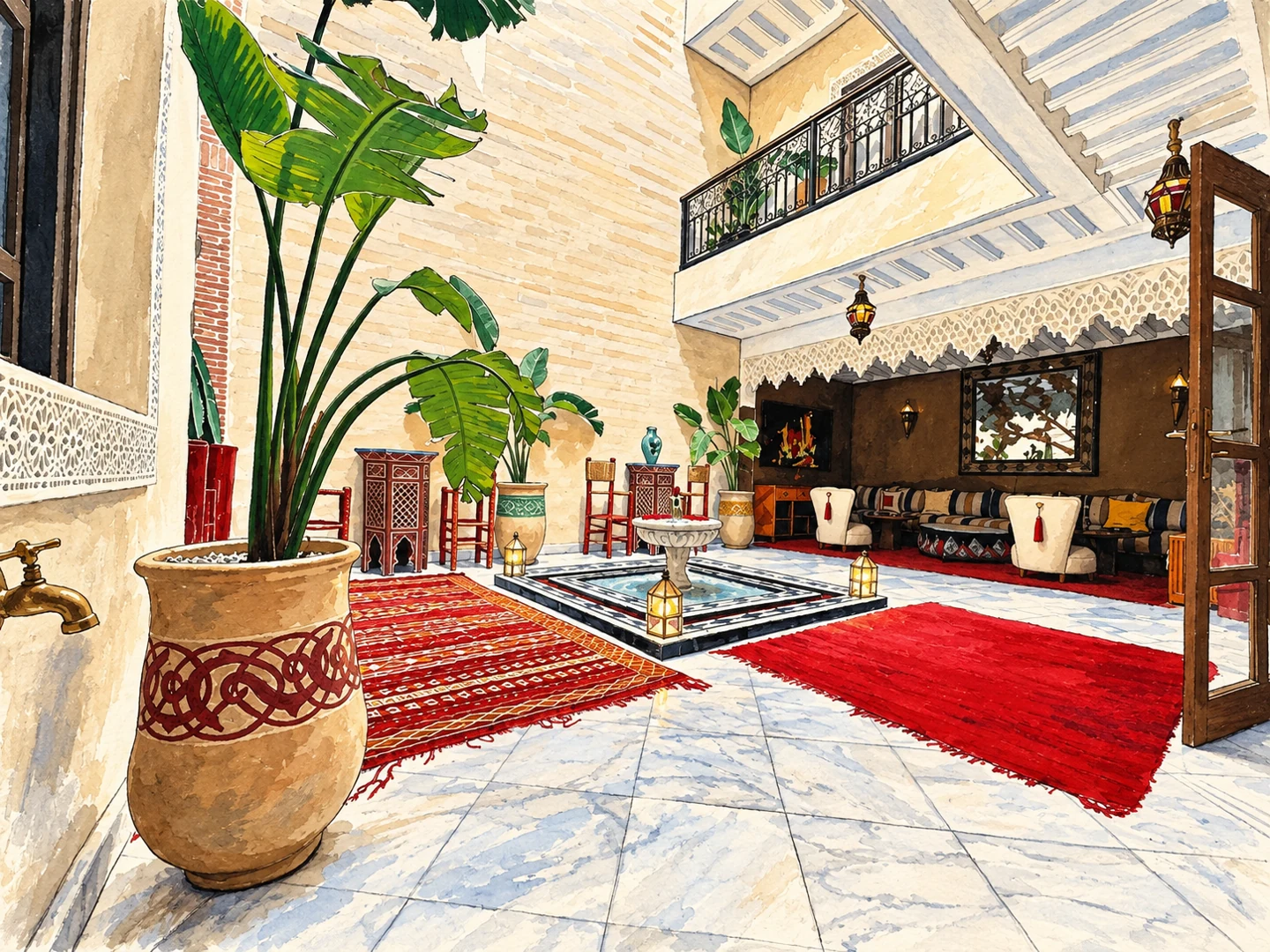 Riad Arwa Medina — Illustration réalisée à partir d’une photographie réelle de l’établissement sur Booking.com. Riad Arwa Medina — Illustration réalisée à partir d’une photographie réelle de l’établissement sur Booking.com.